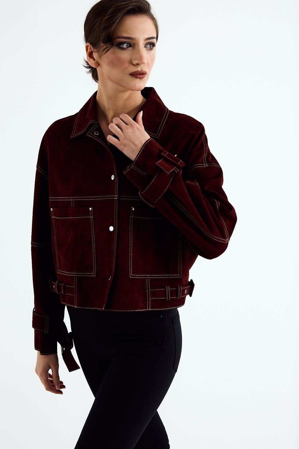 ELARA Plum Suede Utility Jacket