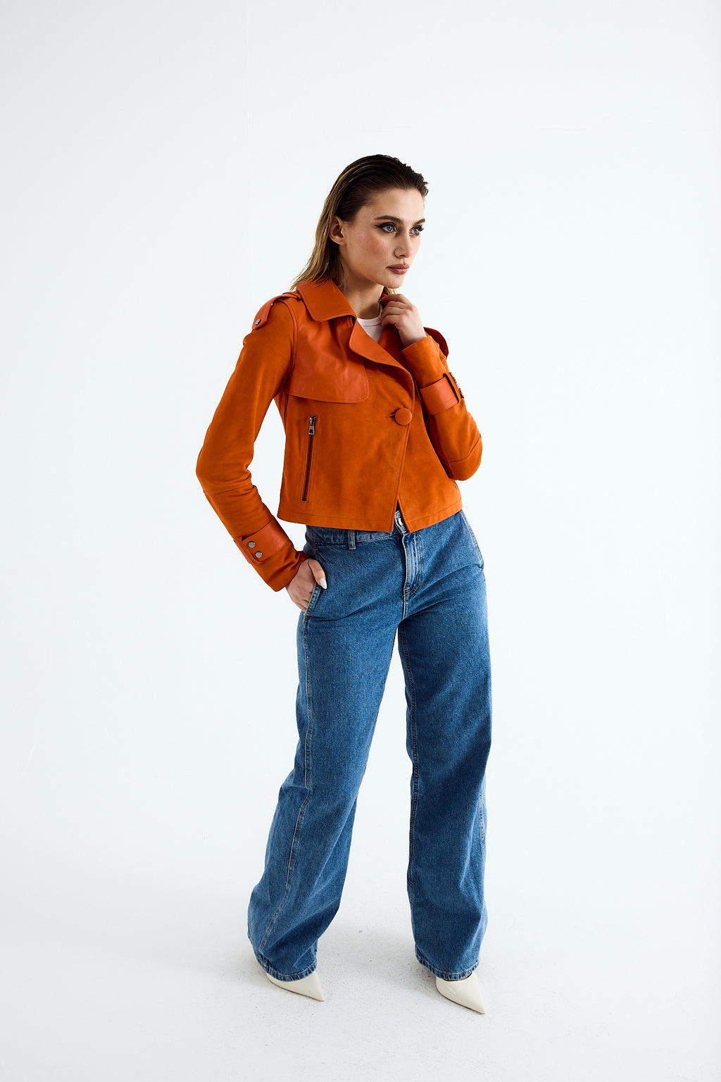 CLEO Orange Suede Cropped Trench Jacket