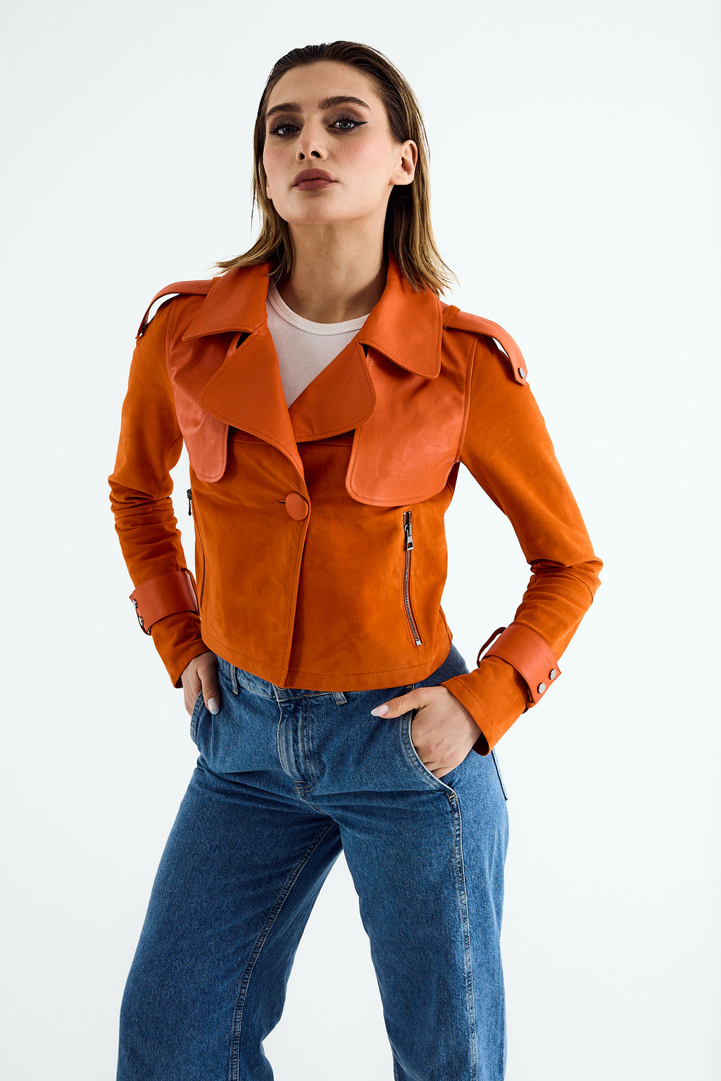 CLEO Orange Suede Cropped Trench Jacket
