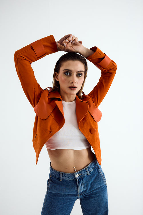 CLEO Orange Suede Cropped Trench Jacket