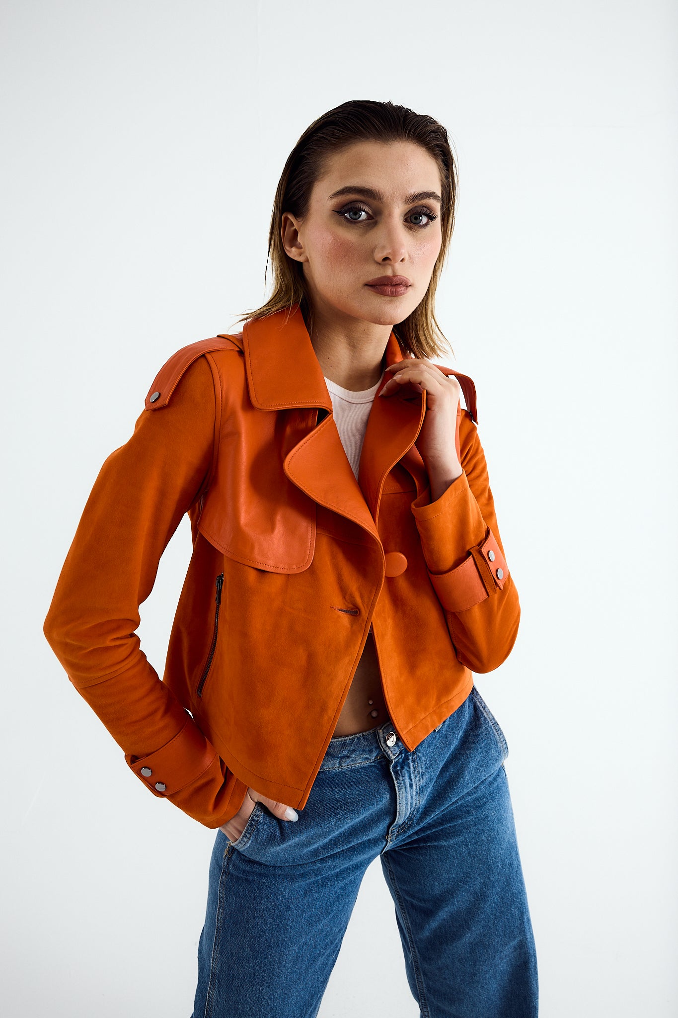CLEO Orange Suede Cropped Trench Jacket