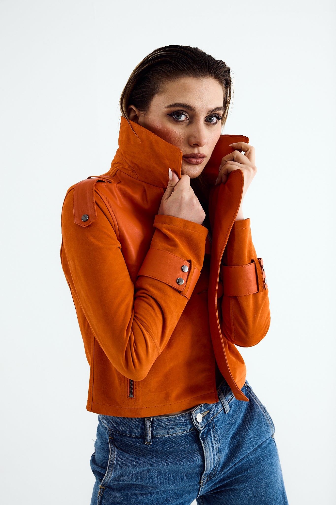 CLEO Orange Suede Cropped Trench Jacket