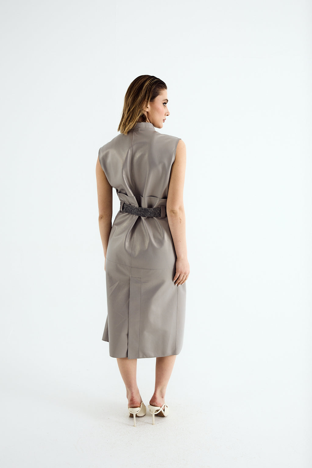 LENA Grey Washed Leather Long Vest