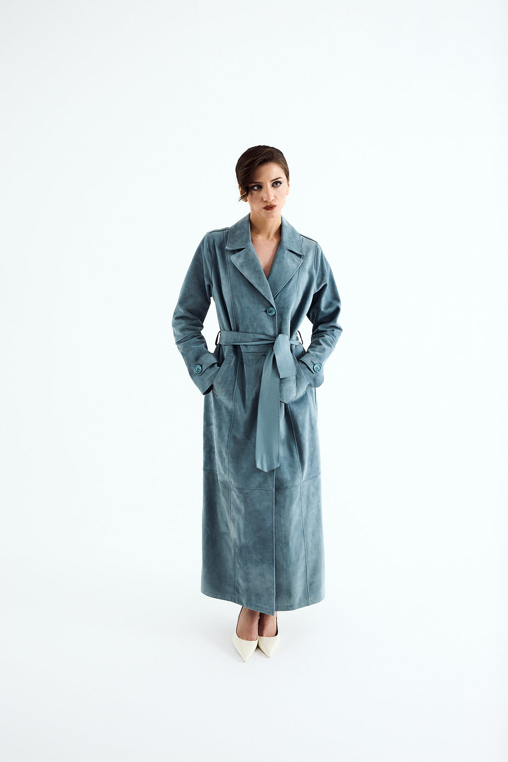MIRA Aqua Suede Belted Coat