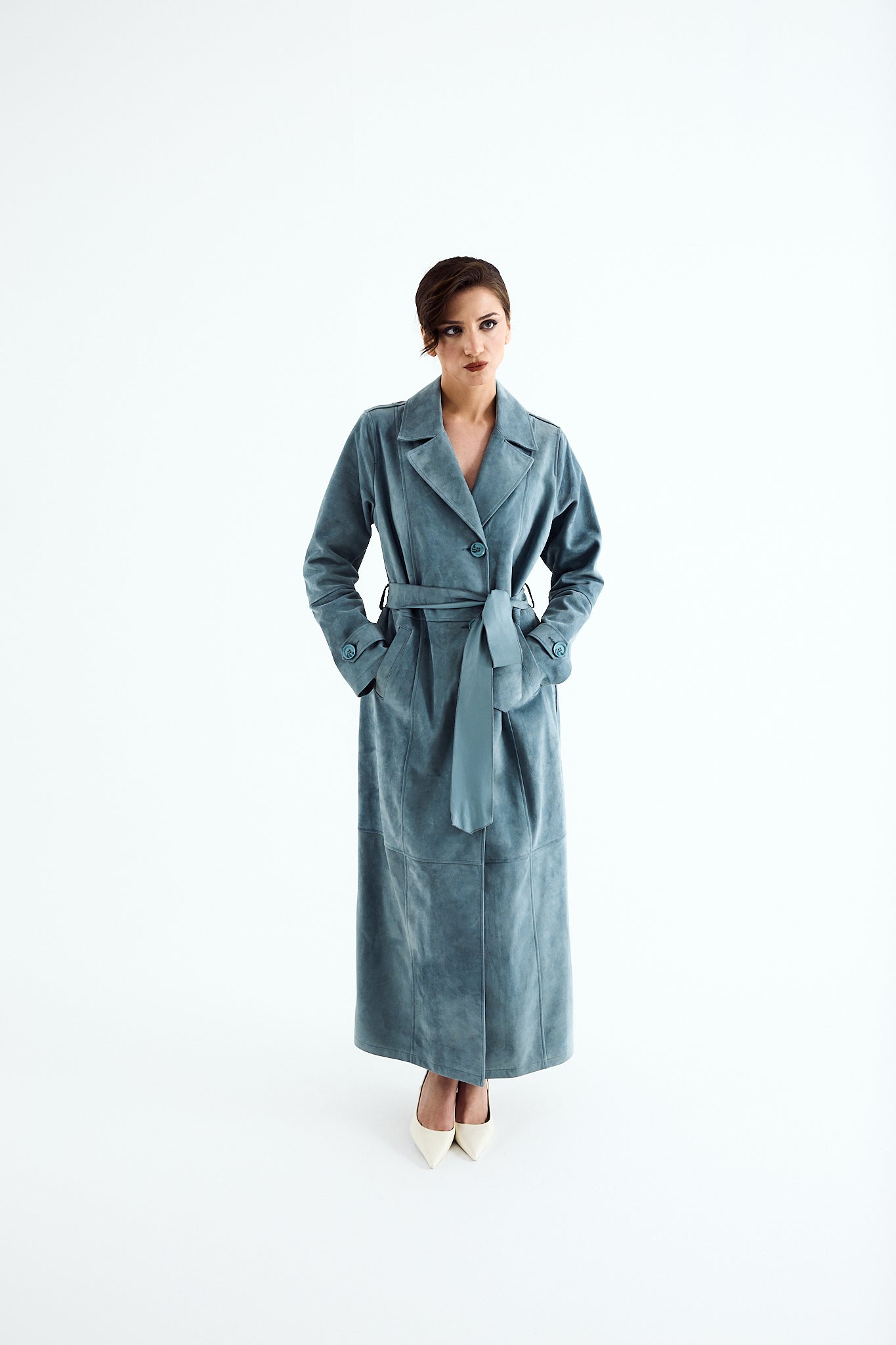 MIRA Aqua Suede Belted Coat