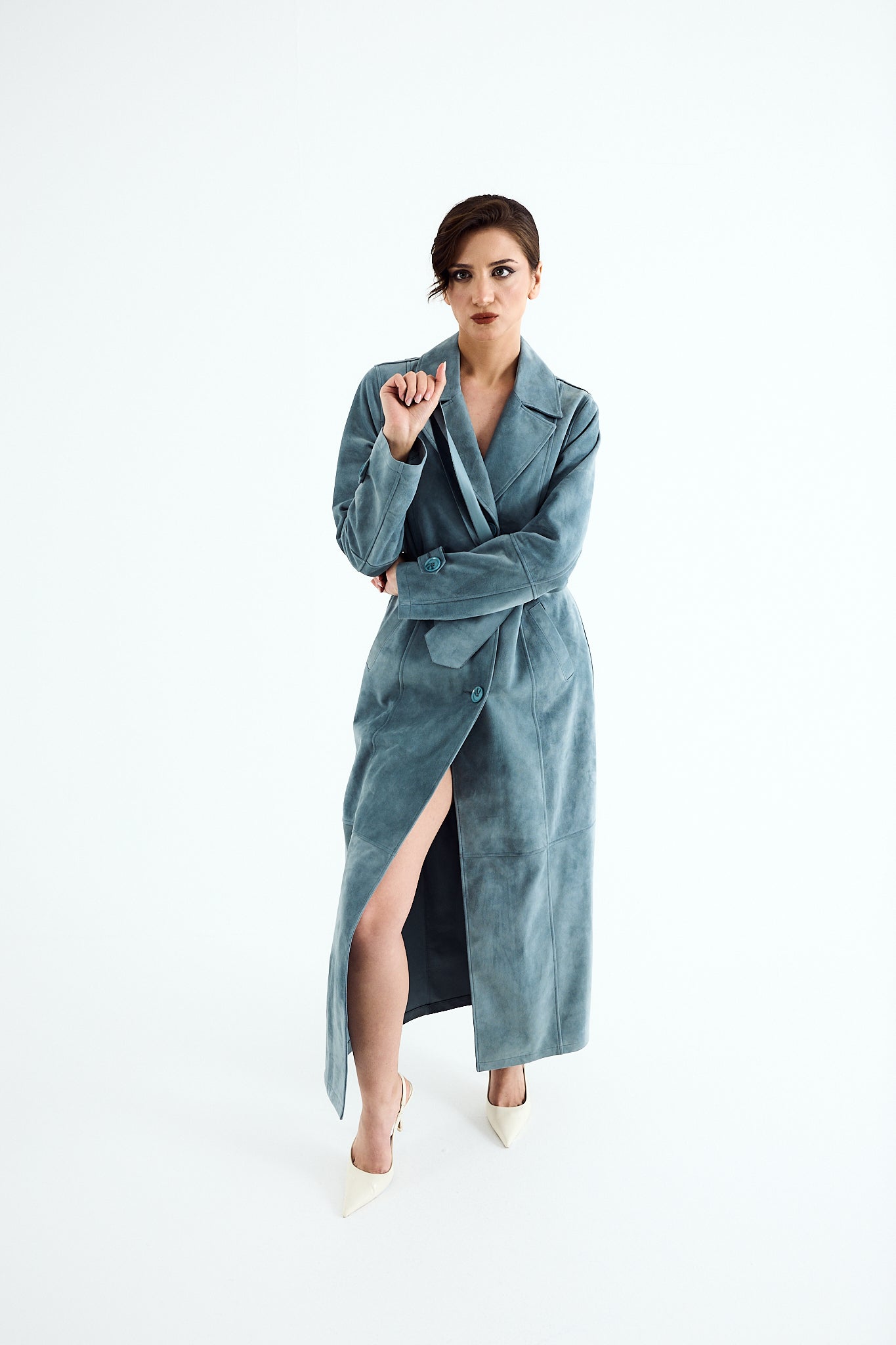 MIRA Aqua Suede Belted Coat