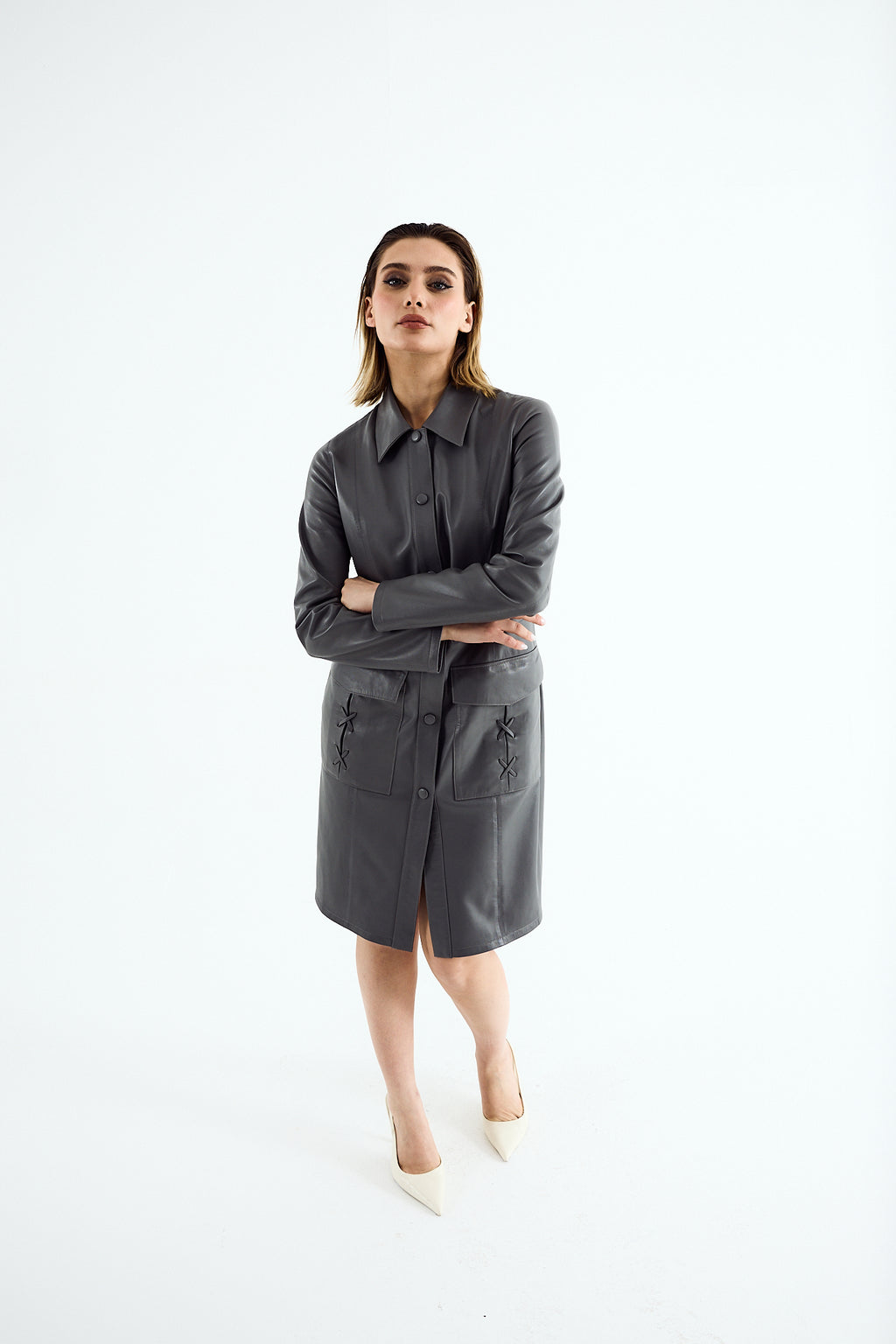 ARIA Grey Leather Shirt Dress