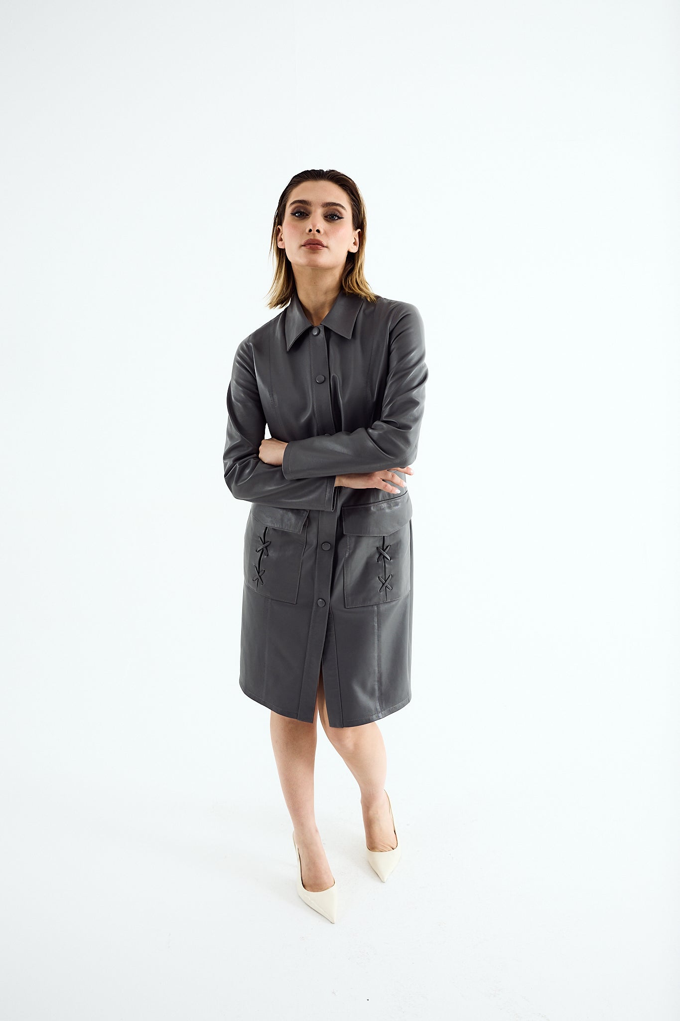 ARIA Grey Leather Shirt Dress