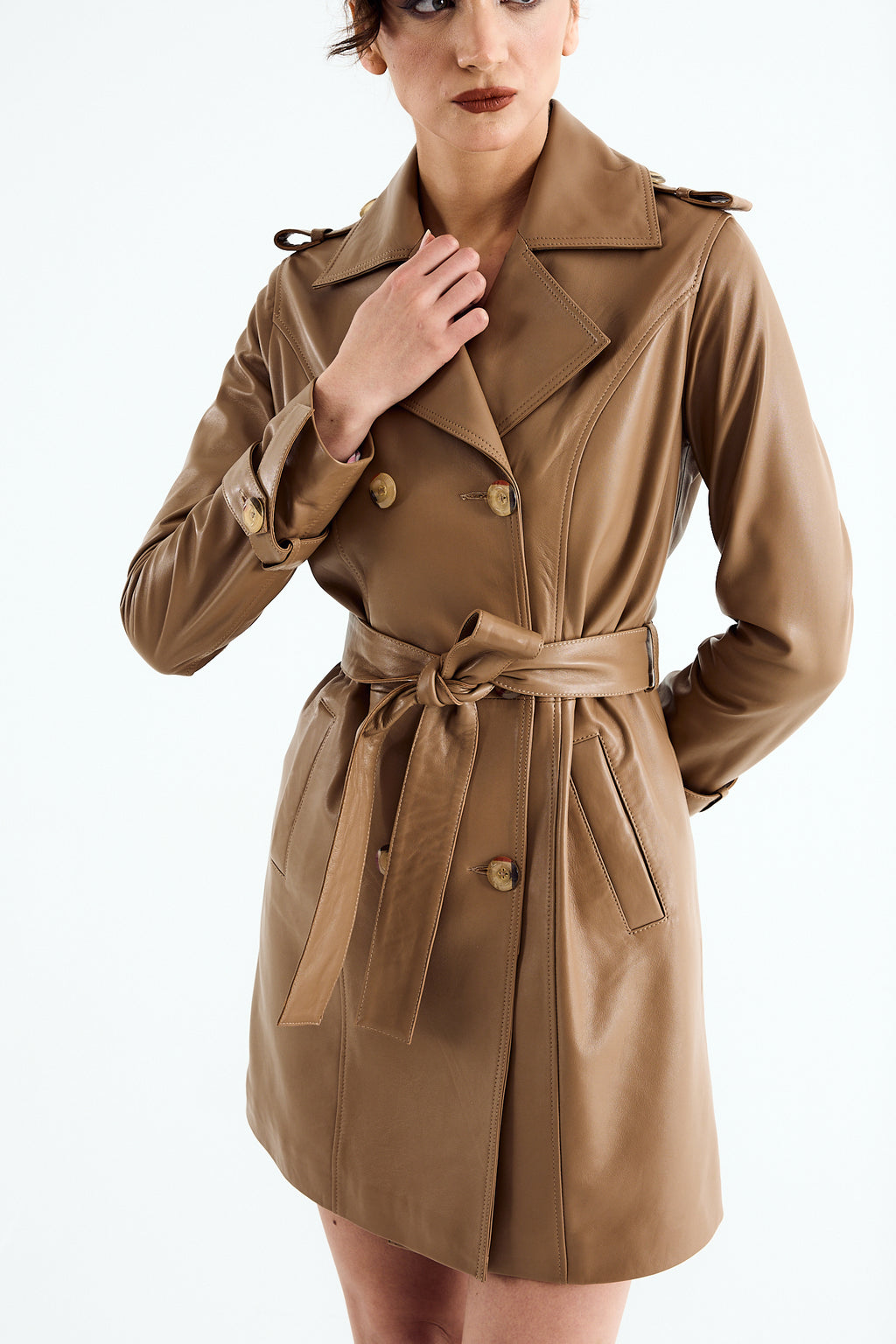 MAYA Camel Leather Trench Coat