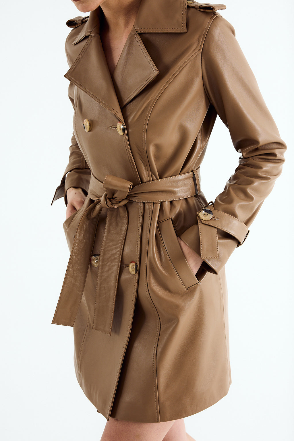 MAYA Camel Leather Trench Coat