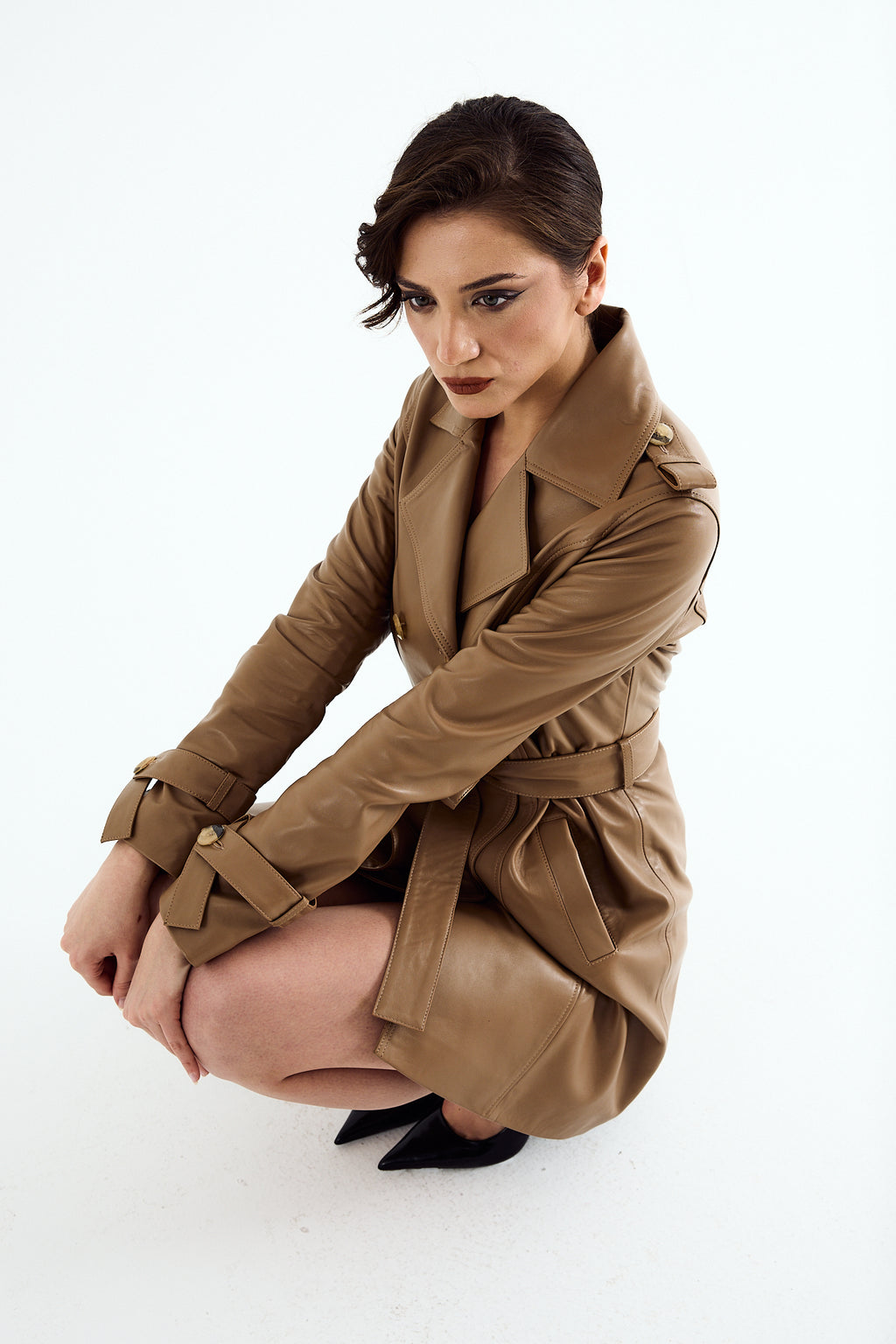 MAYA Camel Leather Trench Coat