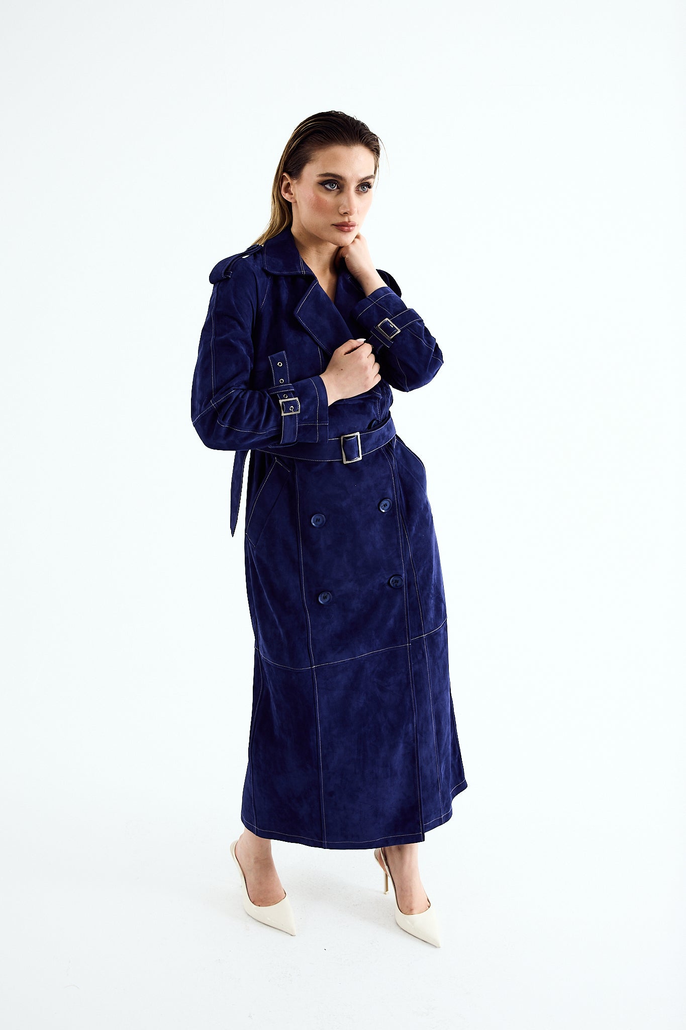 LUNA Sand Blue Suede Long Coat