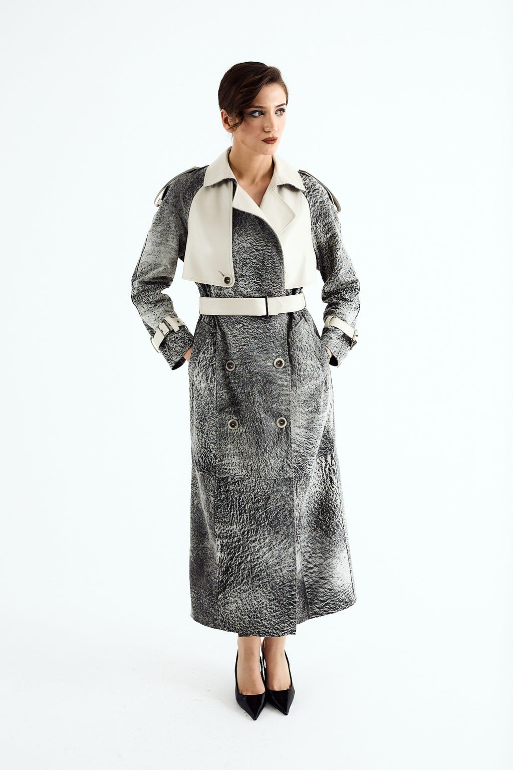 ELLA Off-White Washed Leather Trench Coat