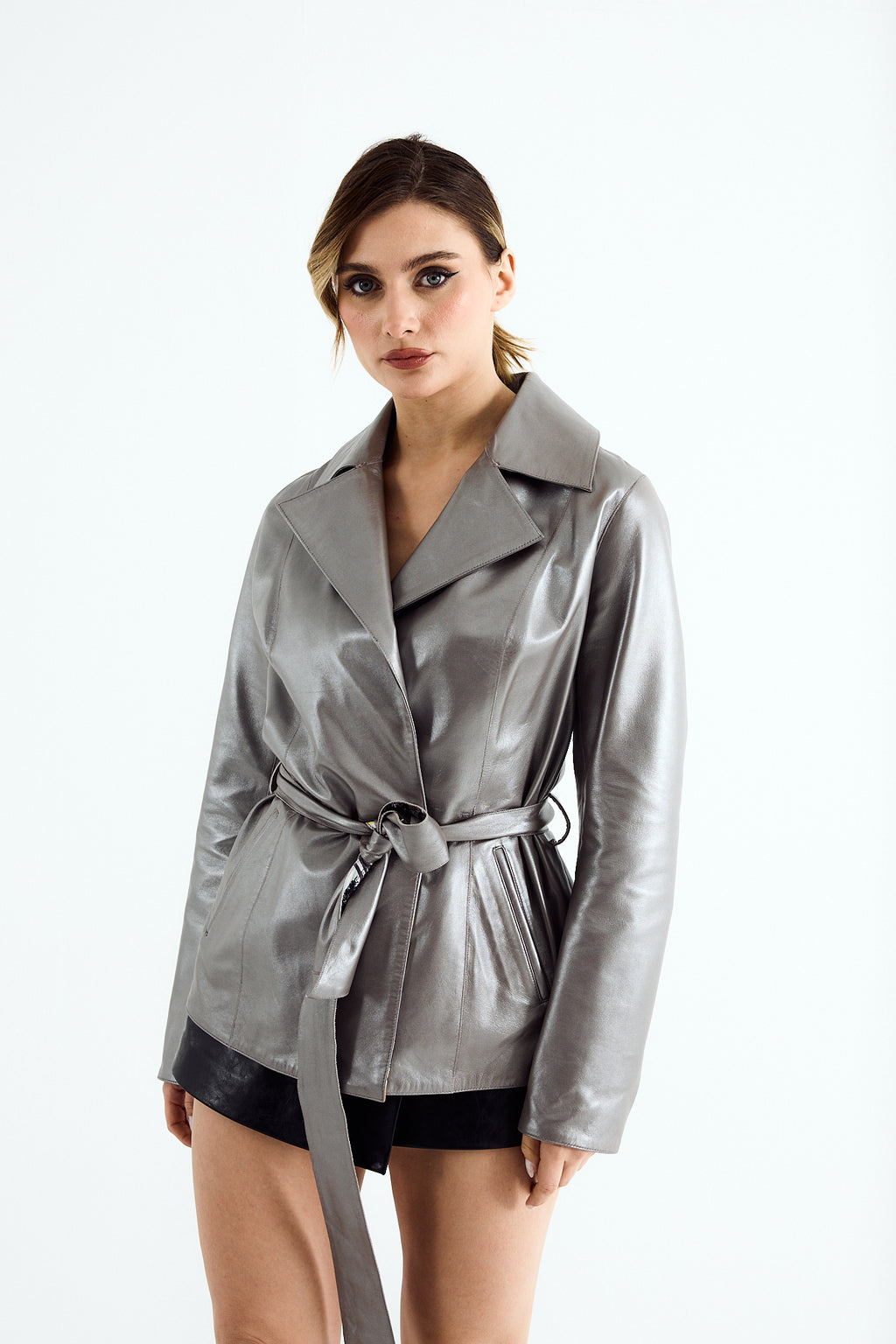 ELLA Silver Zig Leather Belted Jacket