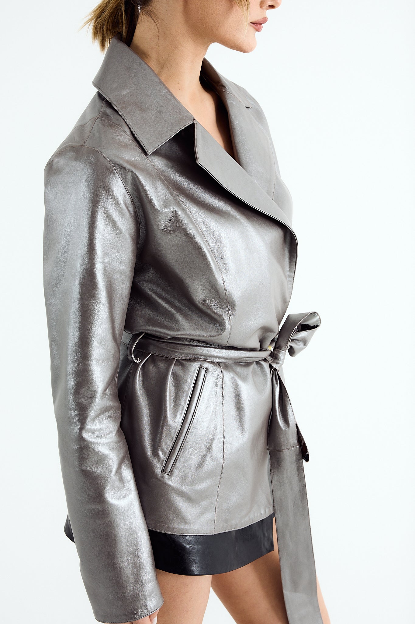 ELLA Silver Zig Leather Belted Jacket