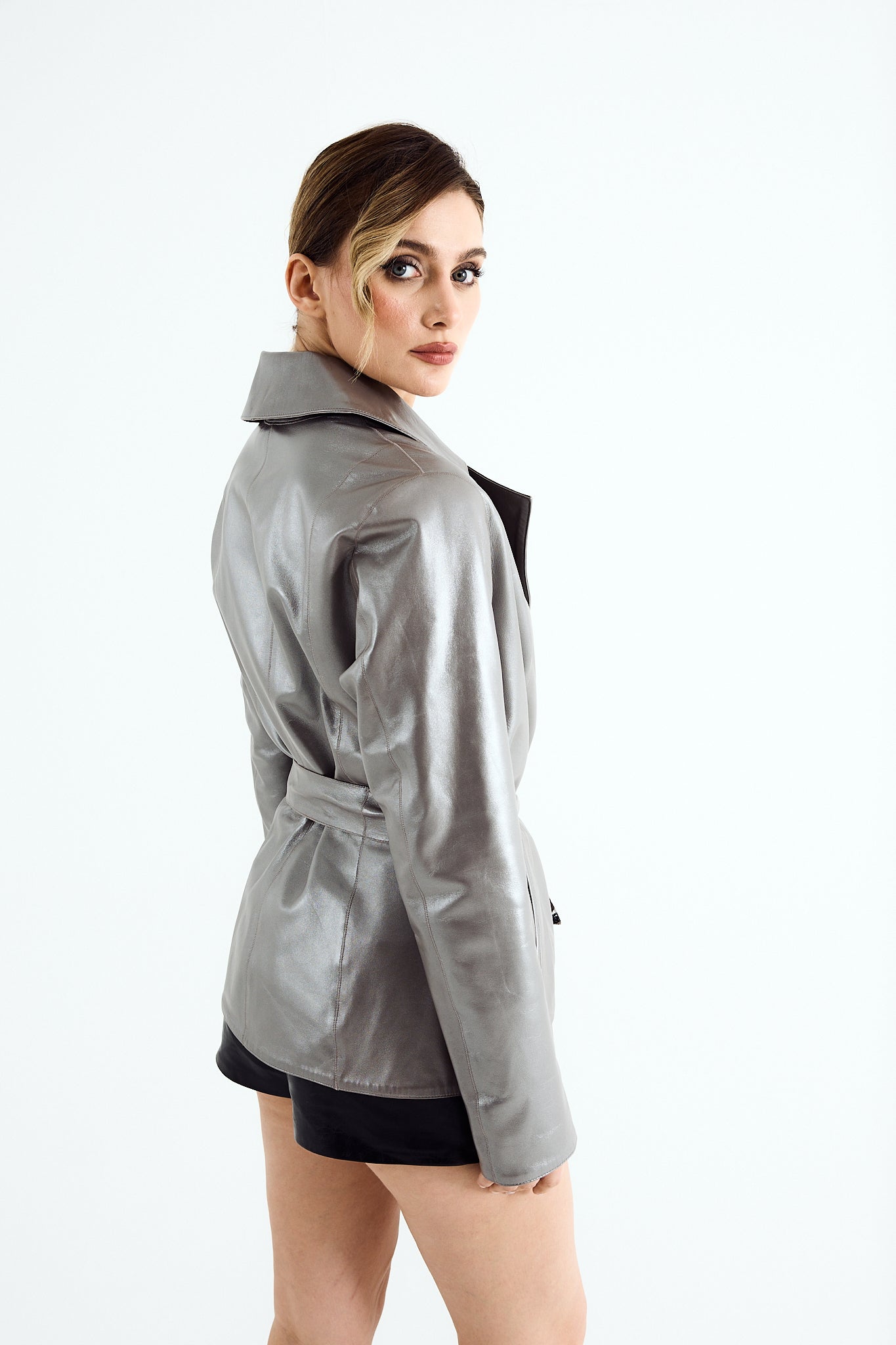ELLA Silver Zig Leather Belted Jacket